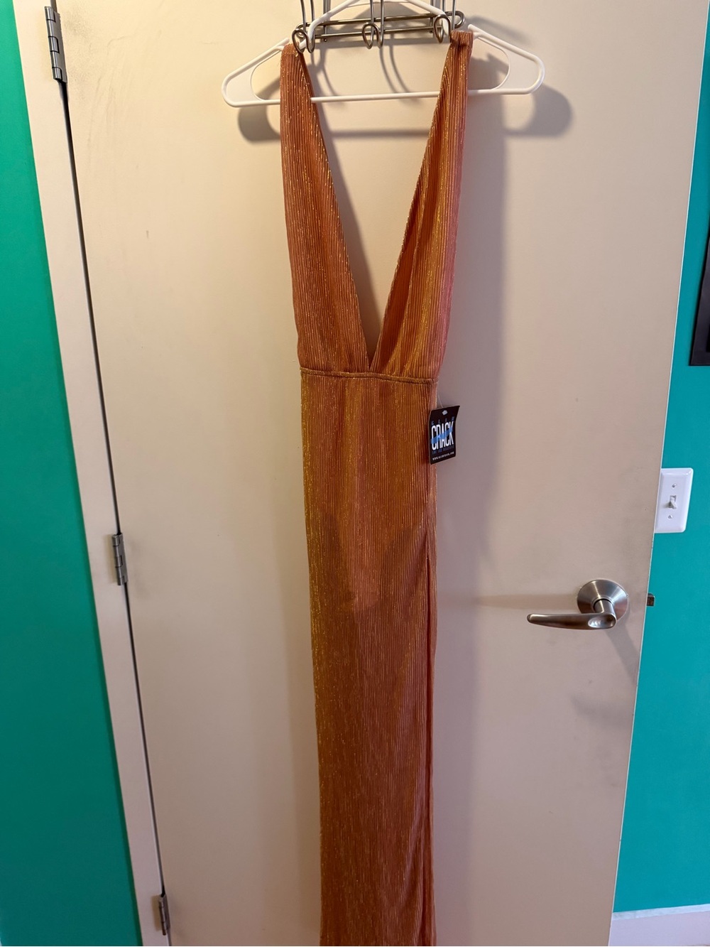 NWT Alythea Metallic Copper Pleated Maxi Dress Bodysuit